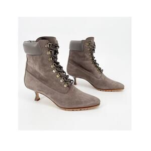 Manolo Blahnik Y2K Taupe Suede Oklamod Timberland Lace-Up Ankle Boots IT 37